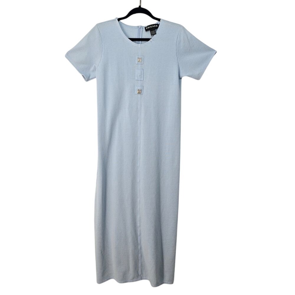 Richard Vintage 90s Light Blue Cotton Knit Midi Dress Flower Buttons Women Small